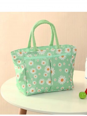 Daisy Print Insulated Lunch Bag with Zip Closure and Outside Pockets